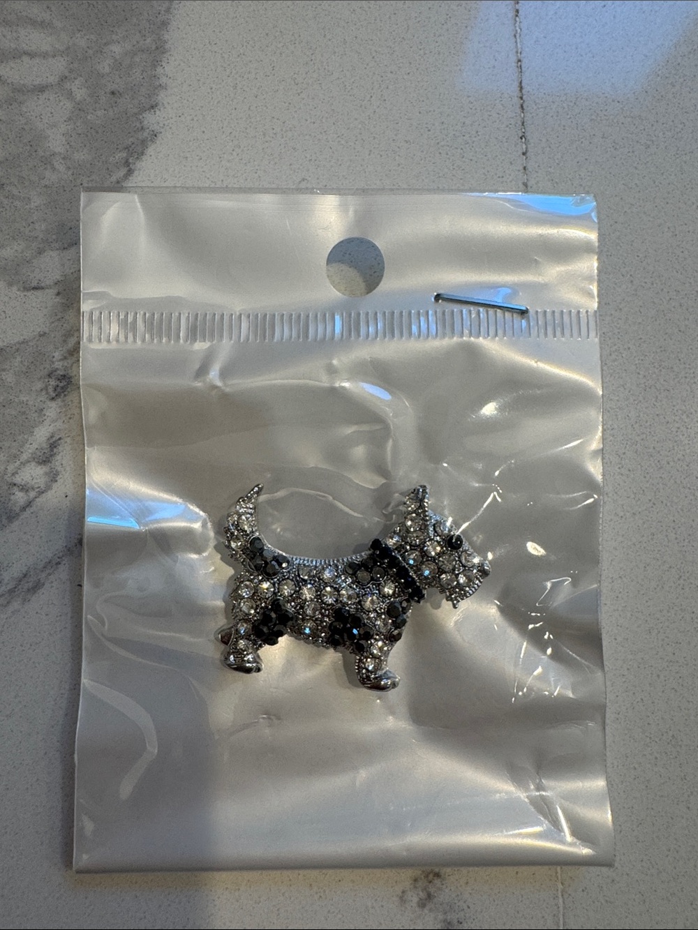 Sparkling Silver & Black Rhinestone Dog Brooch
